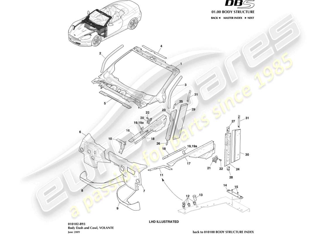 aston martin dbs (2014) body dash and cowl, volante part diagram