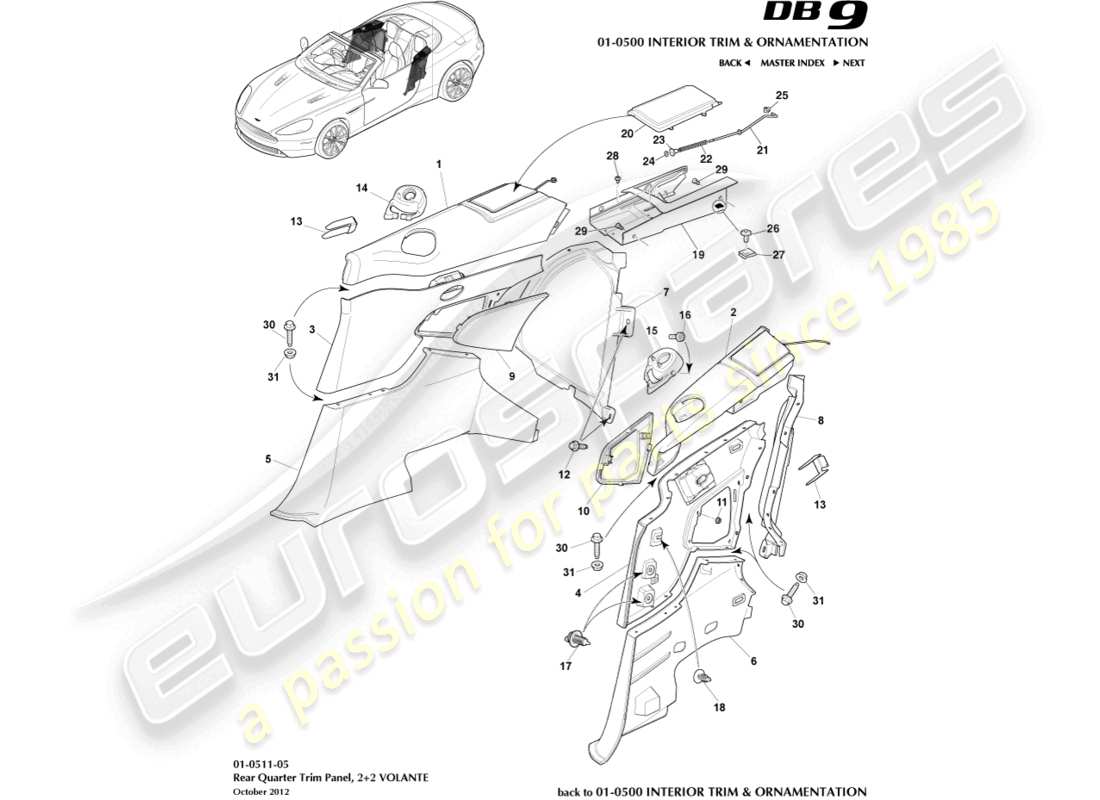 aston martin db9 (2016) rear quarter trim panel, 2+2 volante parts diagram