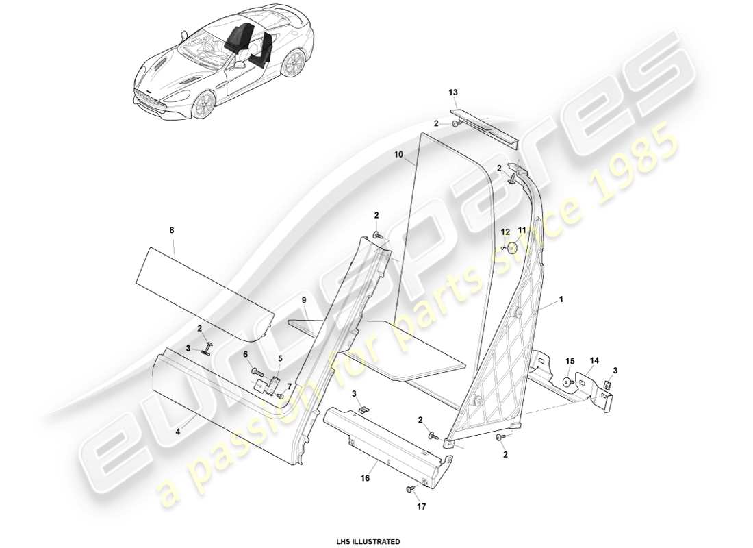 aston martin vanquish (2014) cabin rear trim, 2+0 coupe part diagram