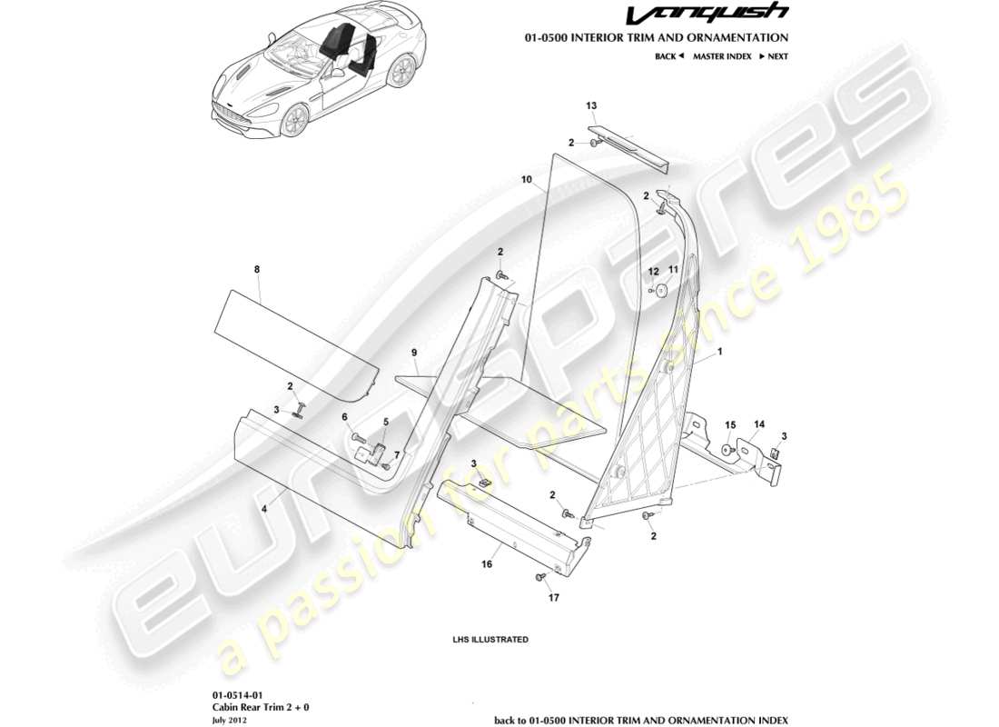 aston martin vanquish (2015) cabin rear trim, 2+0 coupe part diagram
