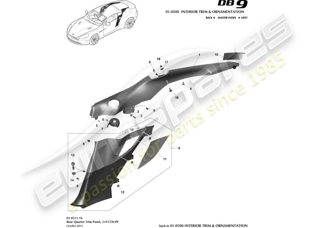 aston martin db9 (2013) rear quarter trim panel, 2+0 coupe parts diagram