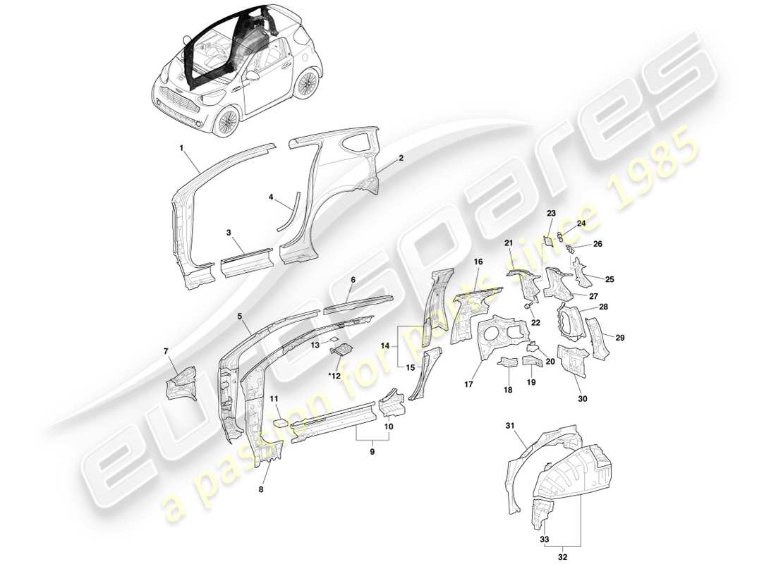 aston martin cygnet (2012) bodyside & quarter panel, rhs parts diagram