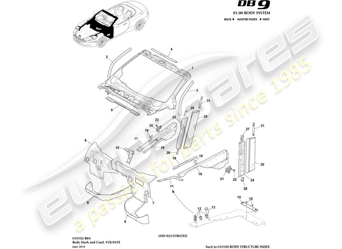aston martin db9 (2009) body dash and cowl, volante parts diagram