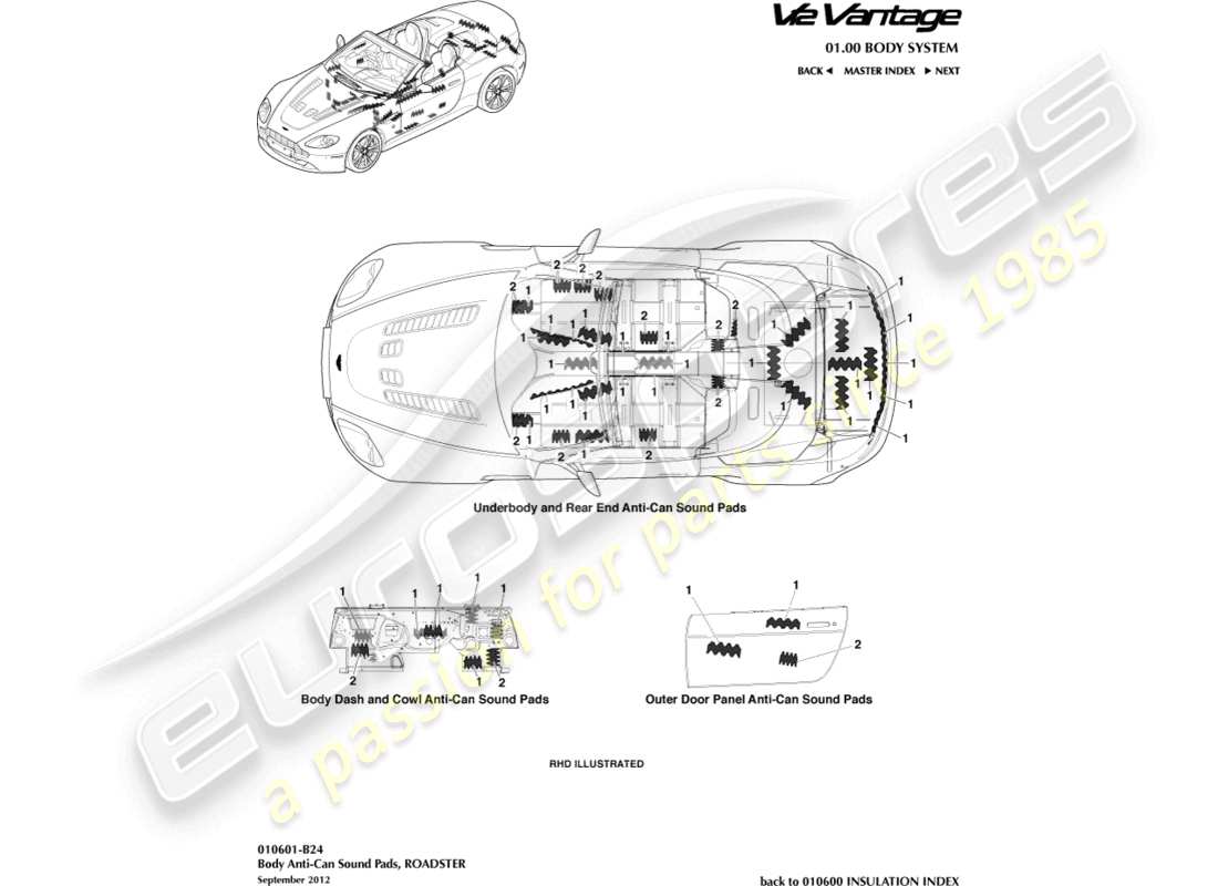 aston martin v12 vantage (2011) anti-can sound pads, roadster part diagram