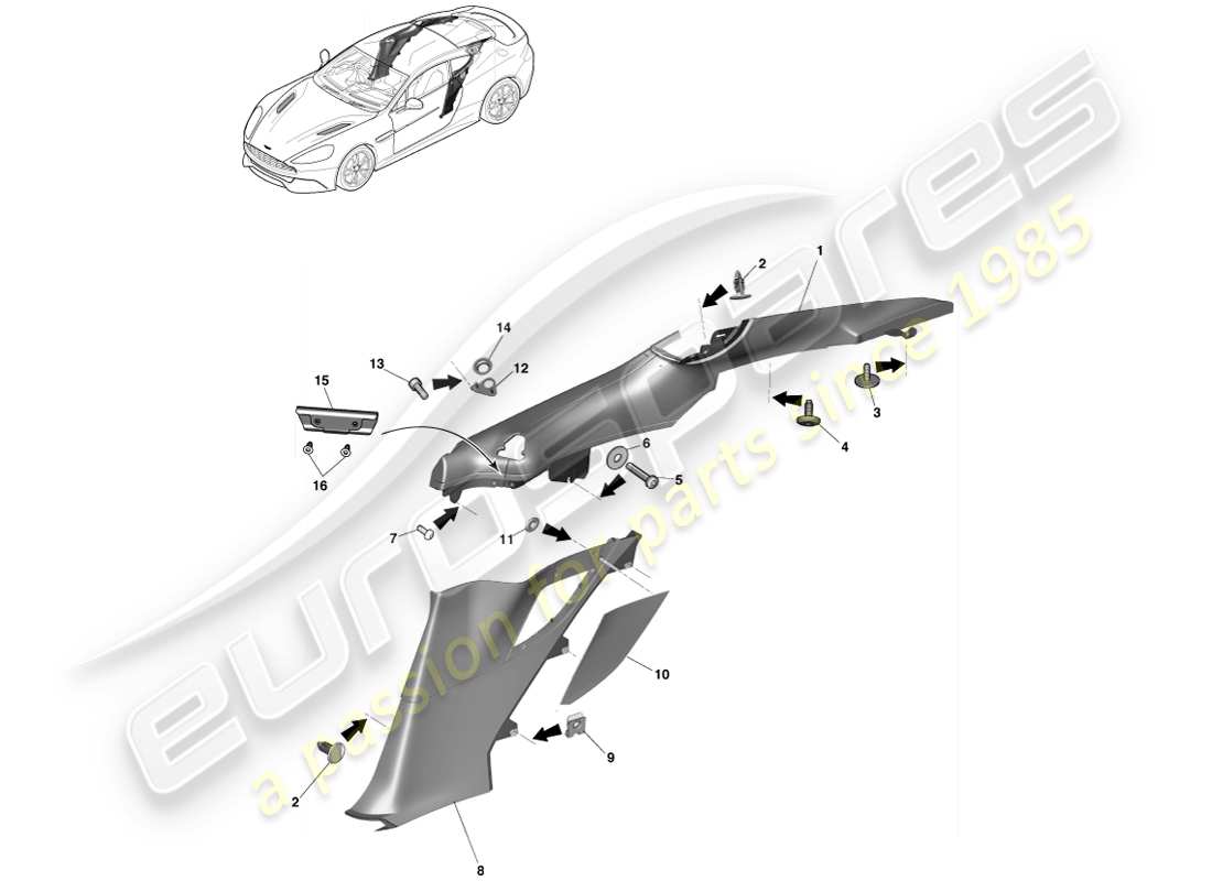 aston martin vanquish (2014) rear quarter trim panel, 2+0 coupe part diagram