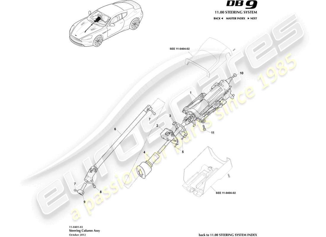 aston martin db9 (2017) steering column assembly part diagram