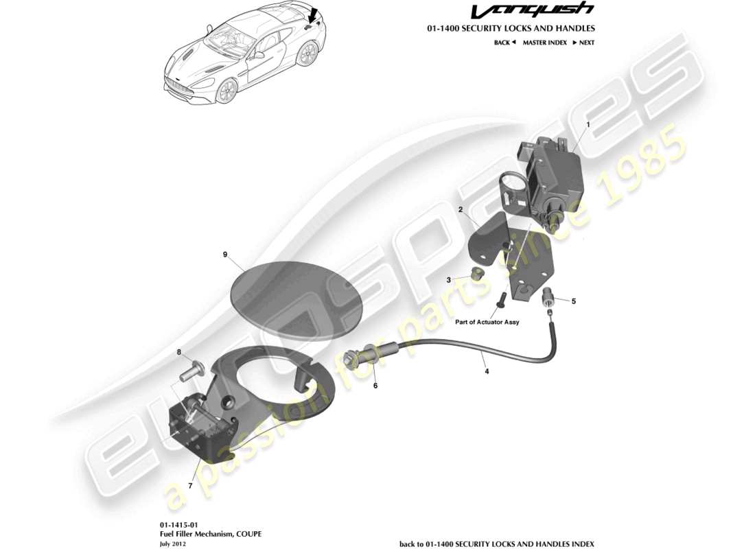 aston martin vanquish (2015) fuel filler mechanism, coupe part diagram