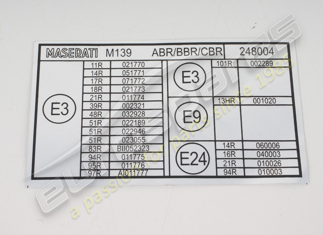 NEW MASERATI ECE REGULATIONS PLATE. PART NUMBER 248004 (1) new maserati ece regulations plate. part number 248004 (1)