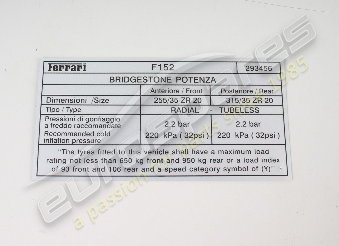 NEW FERRARI TYRE PRESSURE LABEL, BRIDG.. PART NUMBER 293456 (1) new ferrari tyre pressure label, bridg.. part number 293456 (1)